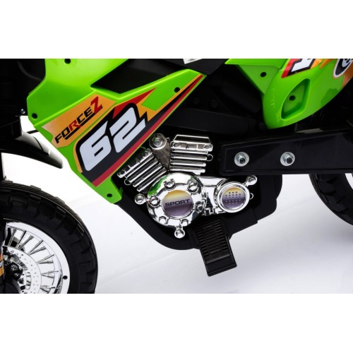 Dětské krosové motocyklové akumulátorové vozidlo Zelená pomocná kola LED zvuky