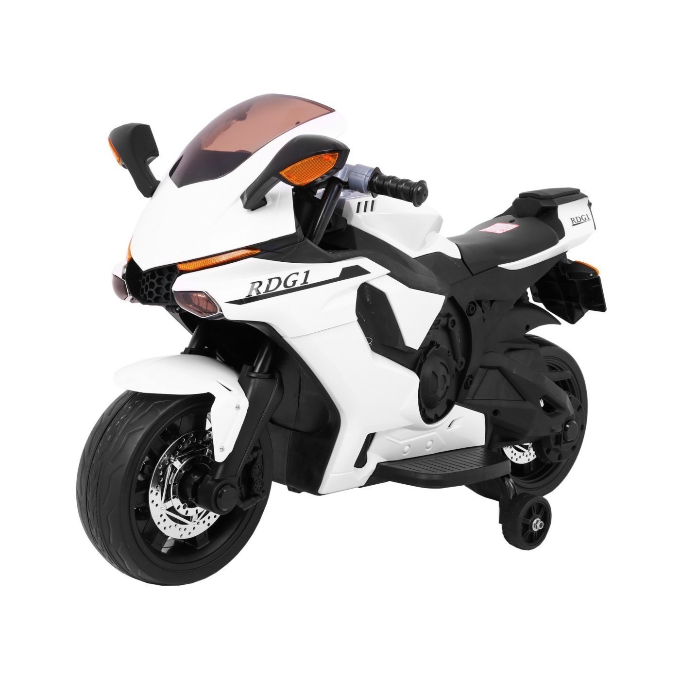 Motocykl R1 Dětské elektrické superbike bílé pomocné kolíky houkačka LED světla