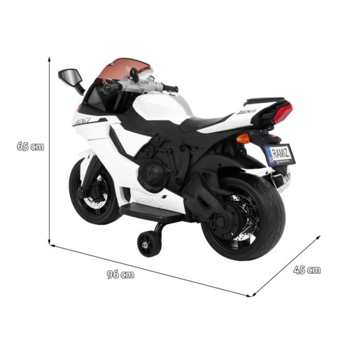 Motocykl R1 Dětské elektrické superbike bílé pomocné kolíky houkačka LED světla