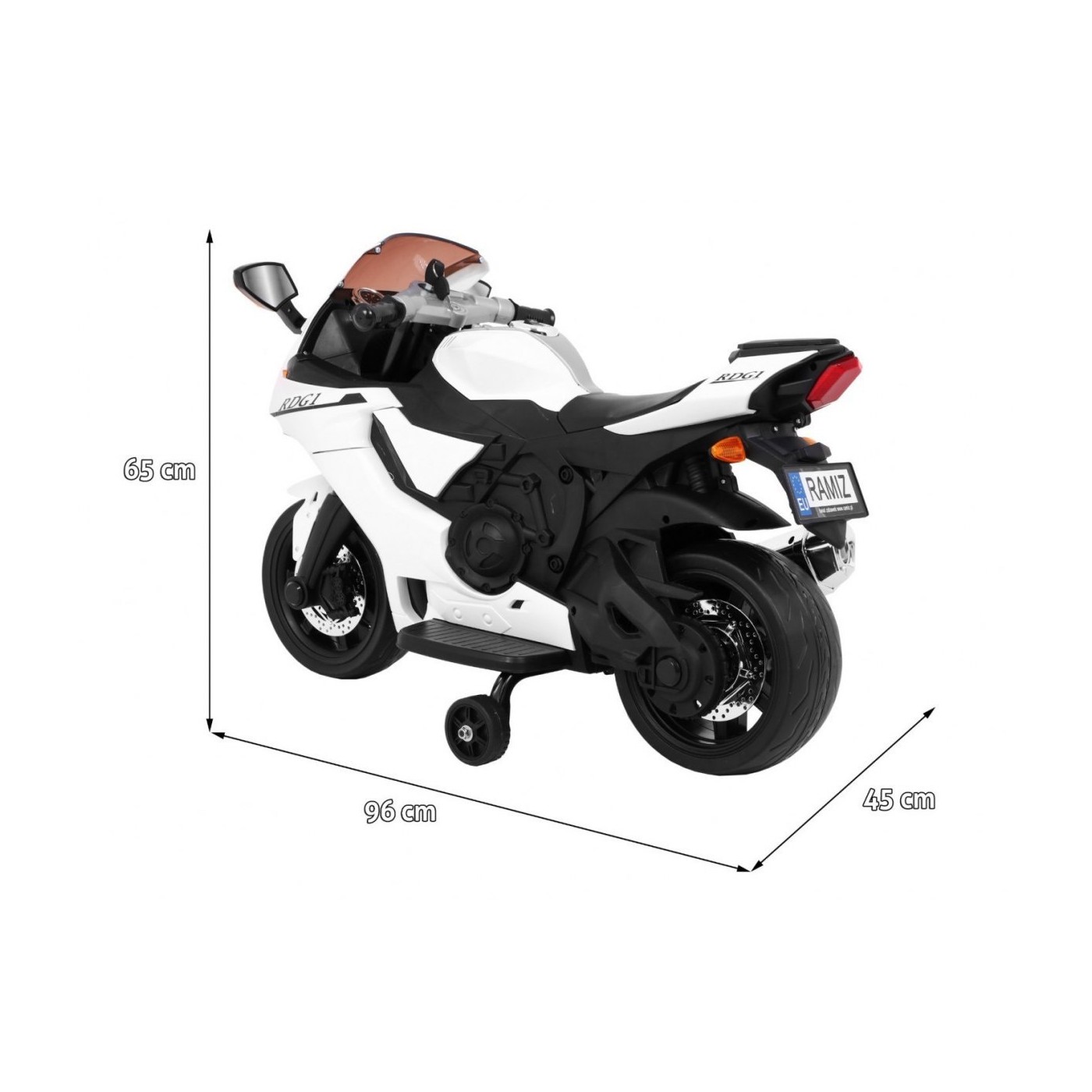 Motocykl R1 Dětské elektrické superbike bílé pomocné kolíky houkačka LED světla