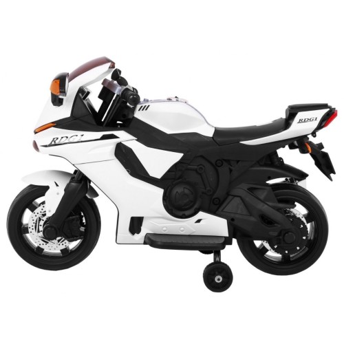 Motocykl R1 Dětské elektrické superbike bílé pomocné kolíky houkačka LED světla