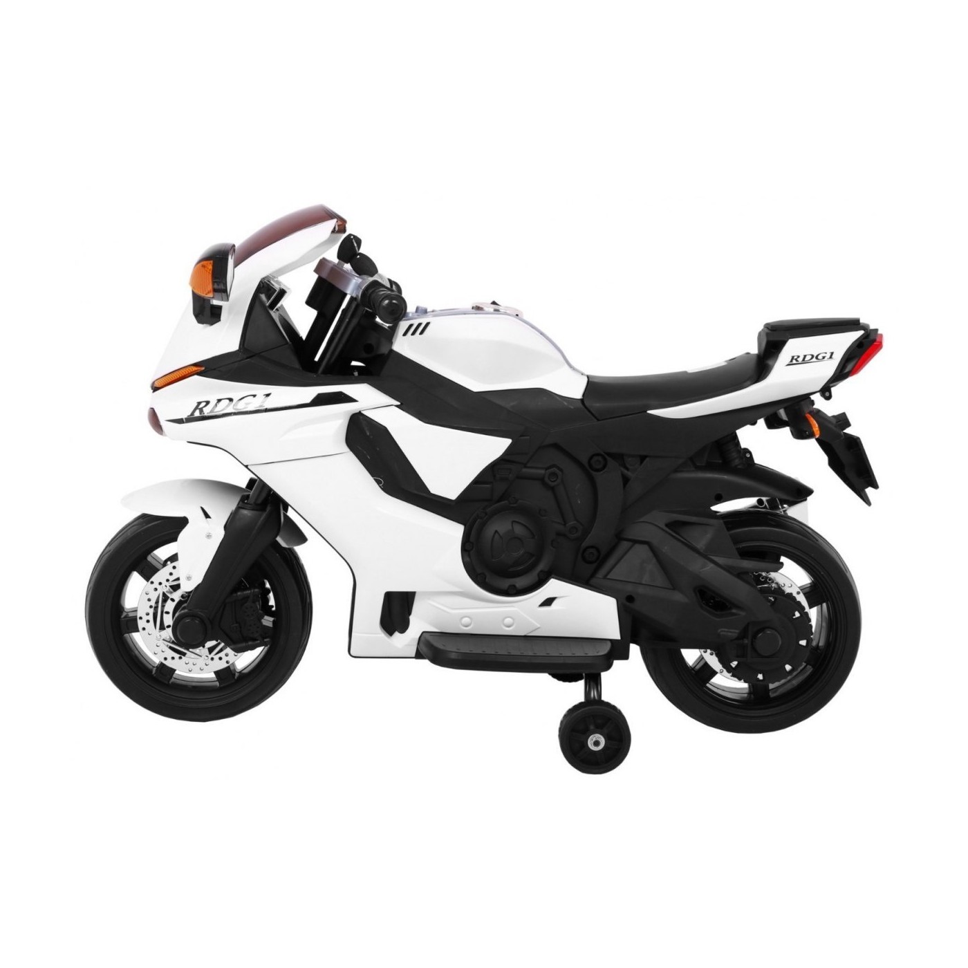 Motocykl R1 Dětské elektrické superbike bílé pomocné kolíky houkačka LED světla