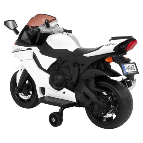 Motocykl R1 Dětské elektrické superbike bílé pomocné kolíky houkačka LED světla