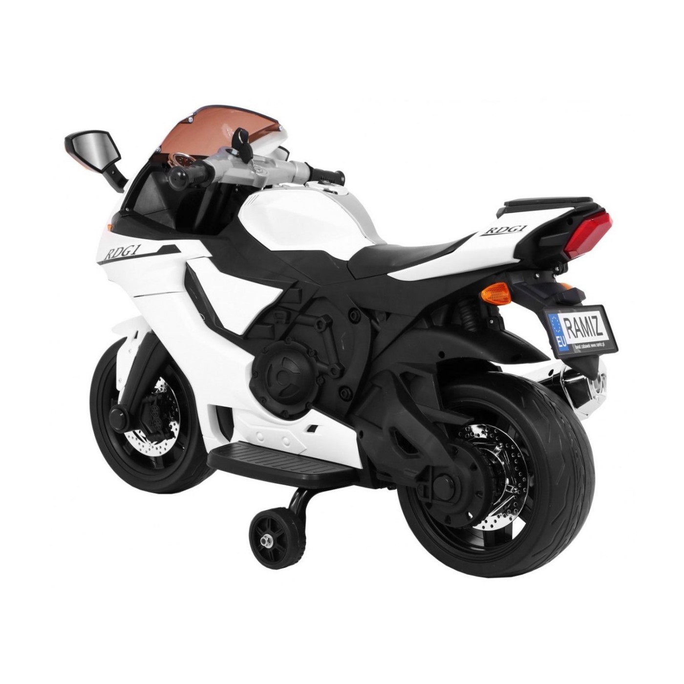 Motocykl R1 Dětské elektrické superbike bílé pomocné kolíky houkačka LED světla