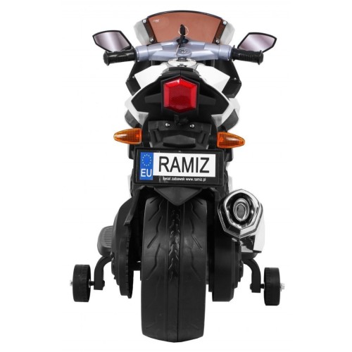 Motocykl R1 Dětské elektrické superbike bílé pomocné kolíky houkačka LED světla