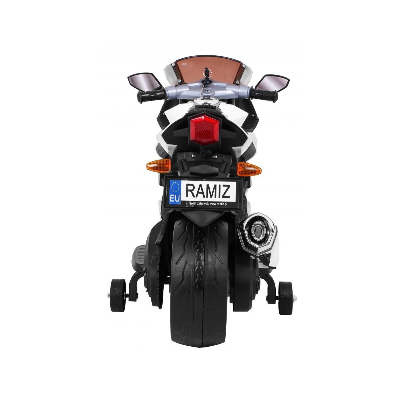 Motocykl R1 Dětské elektrické superbike bílé pomocné kolíky houkačka LED světla