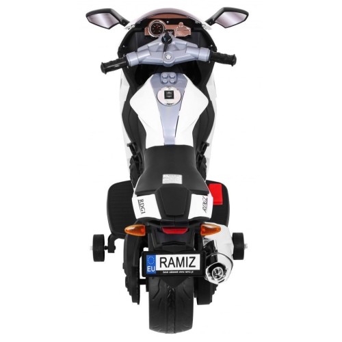 Motocykl R1 Dětské elektrické superbike bílé pomocné kolíky houkačka LED světla