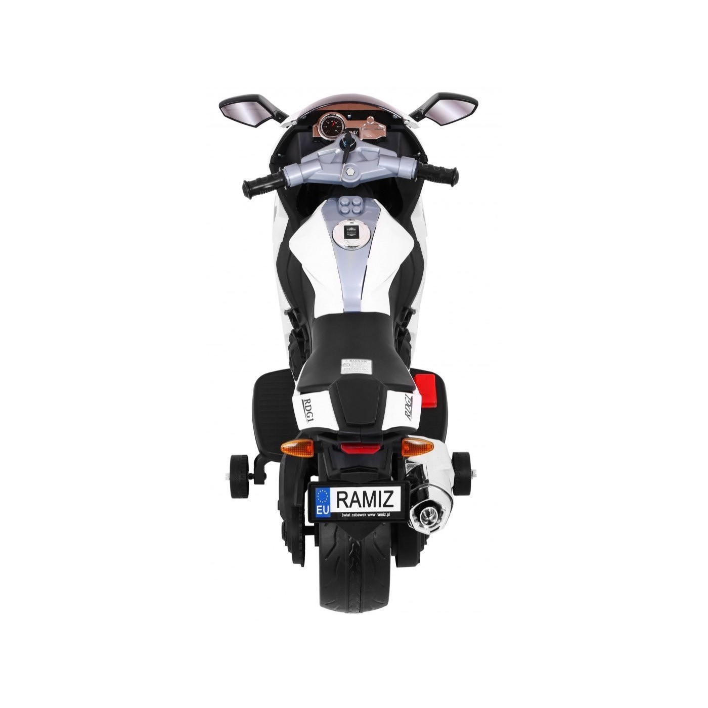Motocykl R1 Dětské elektrické superbike bílé pomocné kolíky houkačka LED světla