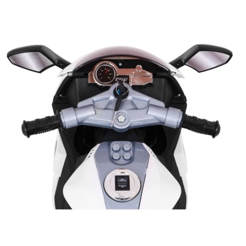 Motocykl R1 Dětské elektrické superbike bílé pomocné kolíky houkačka LED světla