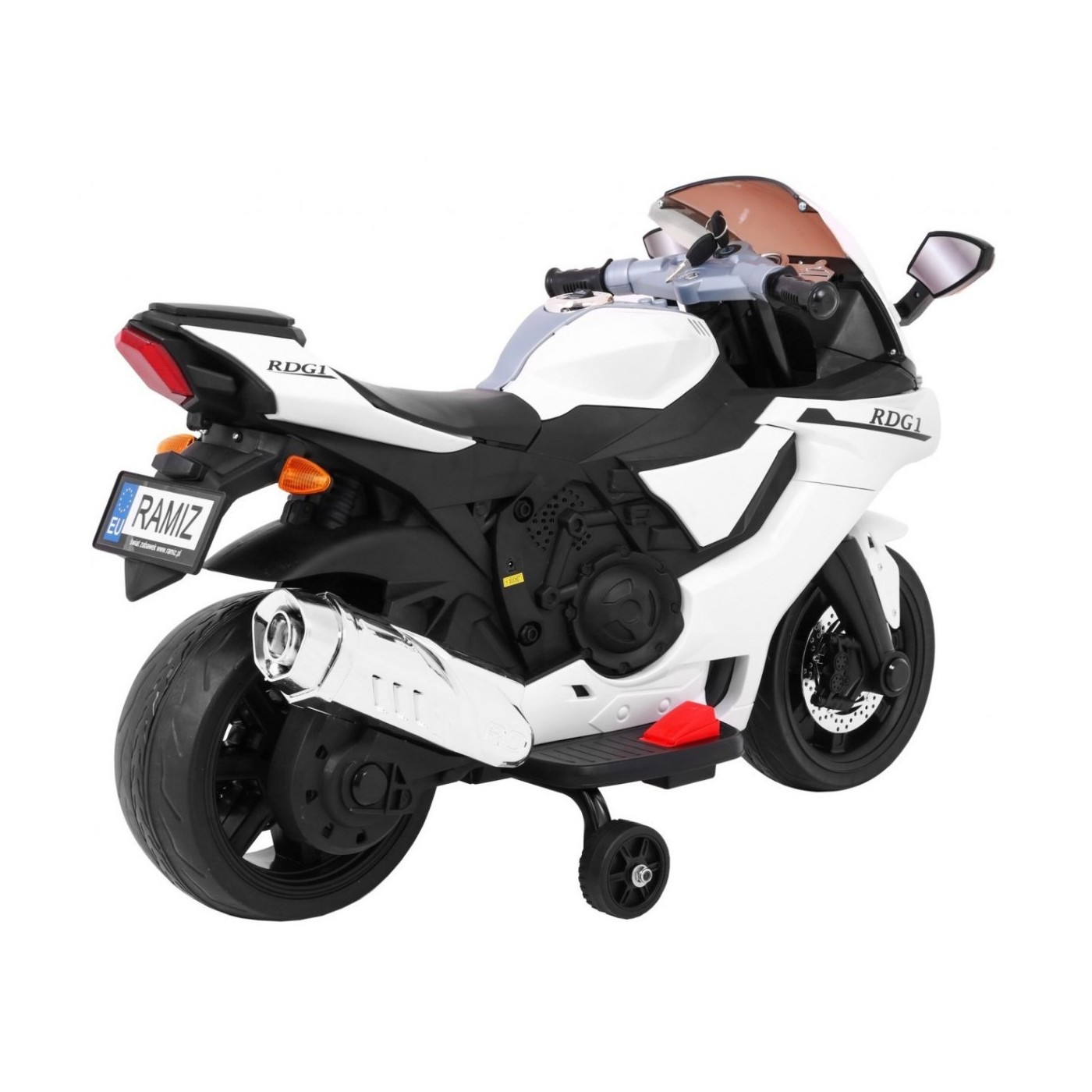 Motocykl R1 Dětské elektrické superbike bílé pomocné kolíky houkačka LED světla