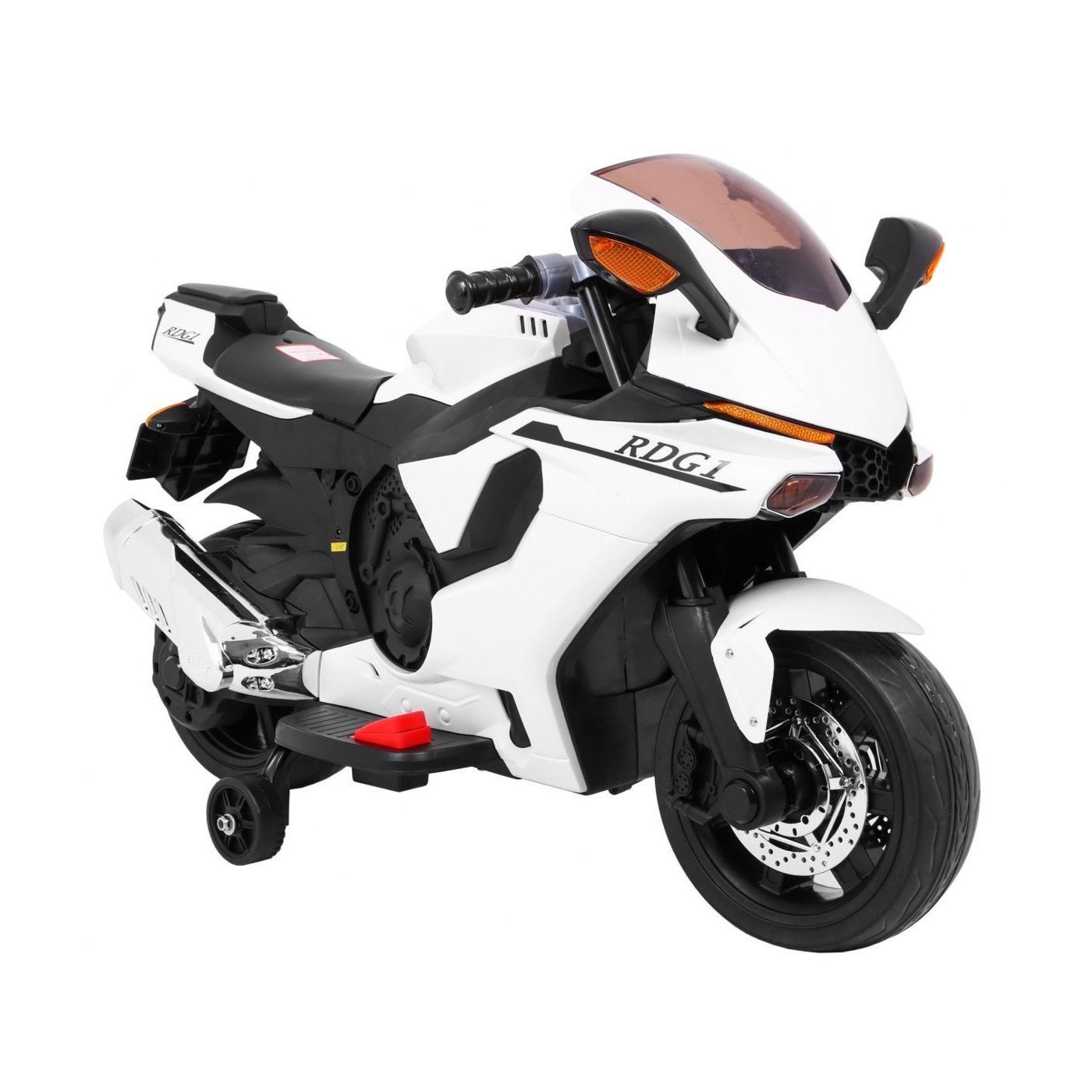 Motocykl R1 Dětské elektrické superbike bílé pomocné kolíky houkačka LED světla