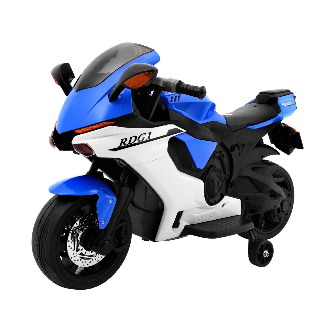 R1 Superbike Elektrická Dětská Motocyklová Modrá Pomocná Kola Houkačka LED Světla
