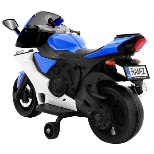 R1 Superbike Elektrická Dětská Motocyklová Modrá Pomocná Kola Houkačka LED Světla