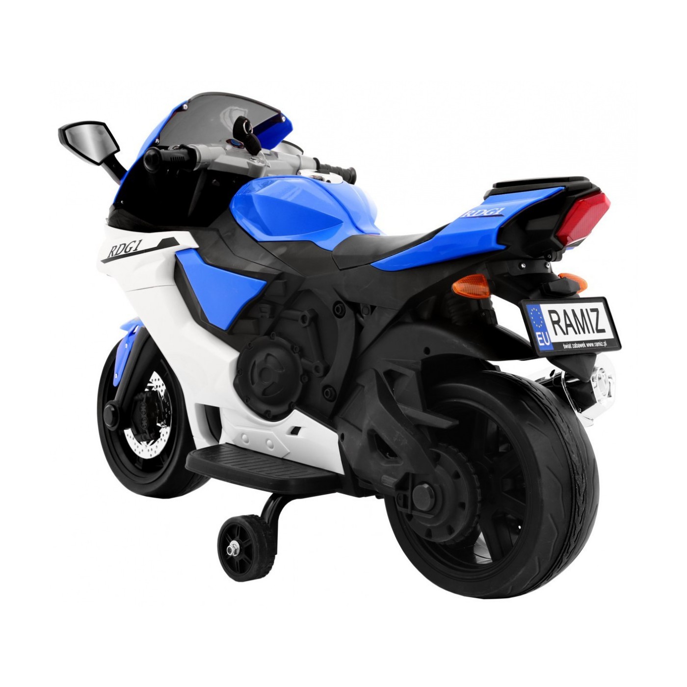R1 Superbike Elektrická Dětská Motocyklová Modrá Pomocná Kola Houkačka LED Světla