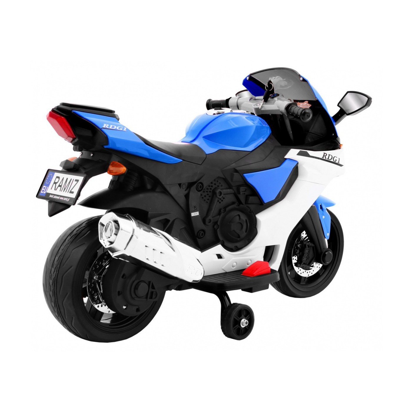 R1 Superbike Elektrická Dětská Motocyklová Modrá Pomocná Kola Houkačka LED Světla