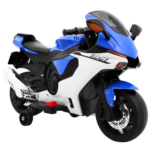 R1 Superbike Elektrická Dětská Motocyklová Modrá Pomocná Kola Houkačka LED Světla