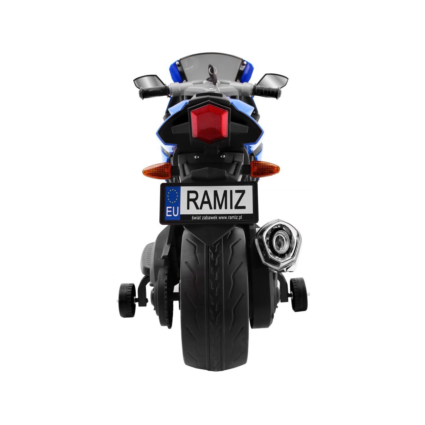 R1 Superbike Elektrická Dětská Motocyklová Modrá Pomocná Kola Houkačka LED Světla