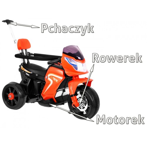 Pusher Bike Elektrická motorka 3v1 Dětská oranžová pěna Audio LED