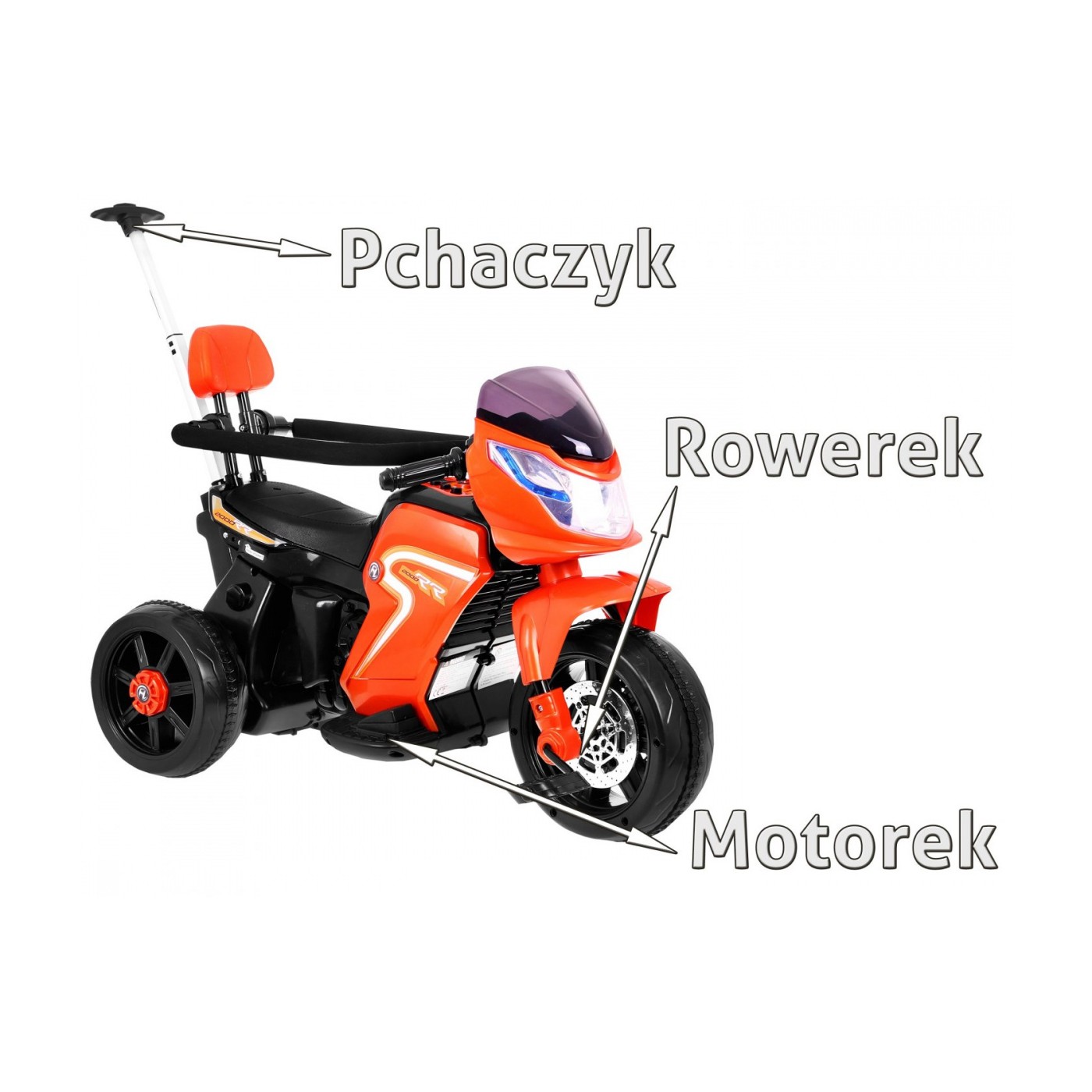 Pusher Bike Elektrická motorka 3v1 Dětská oranžová pěna Audio LED