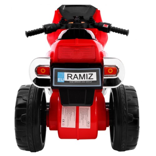 RR1000 Dětský elektrický tříkolový motor červený + houkačky + světla + úložný box