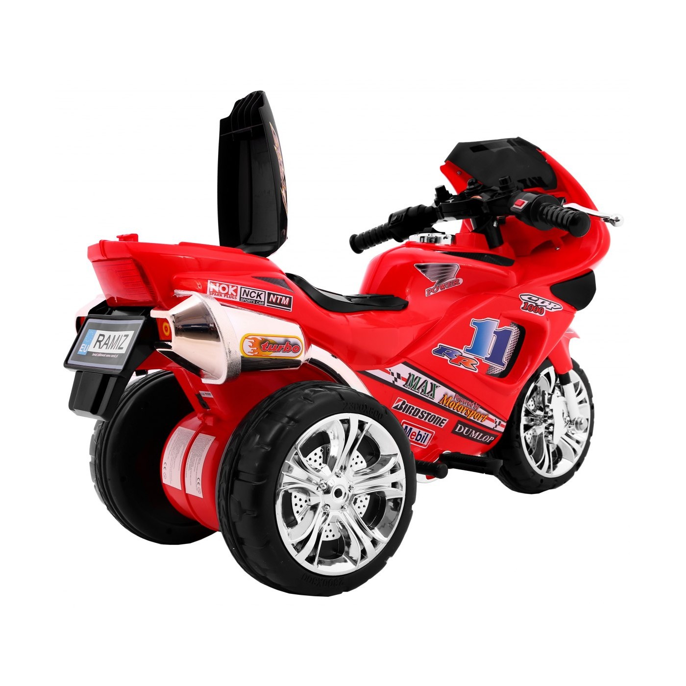 RR1000 Dětský elektrický tříkolový motor červený + houkačky + světla + úložný box
