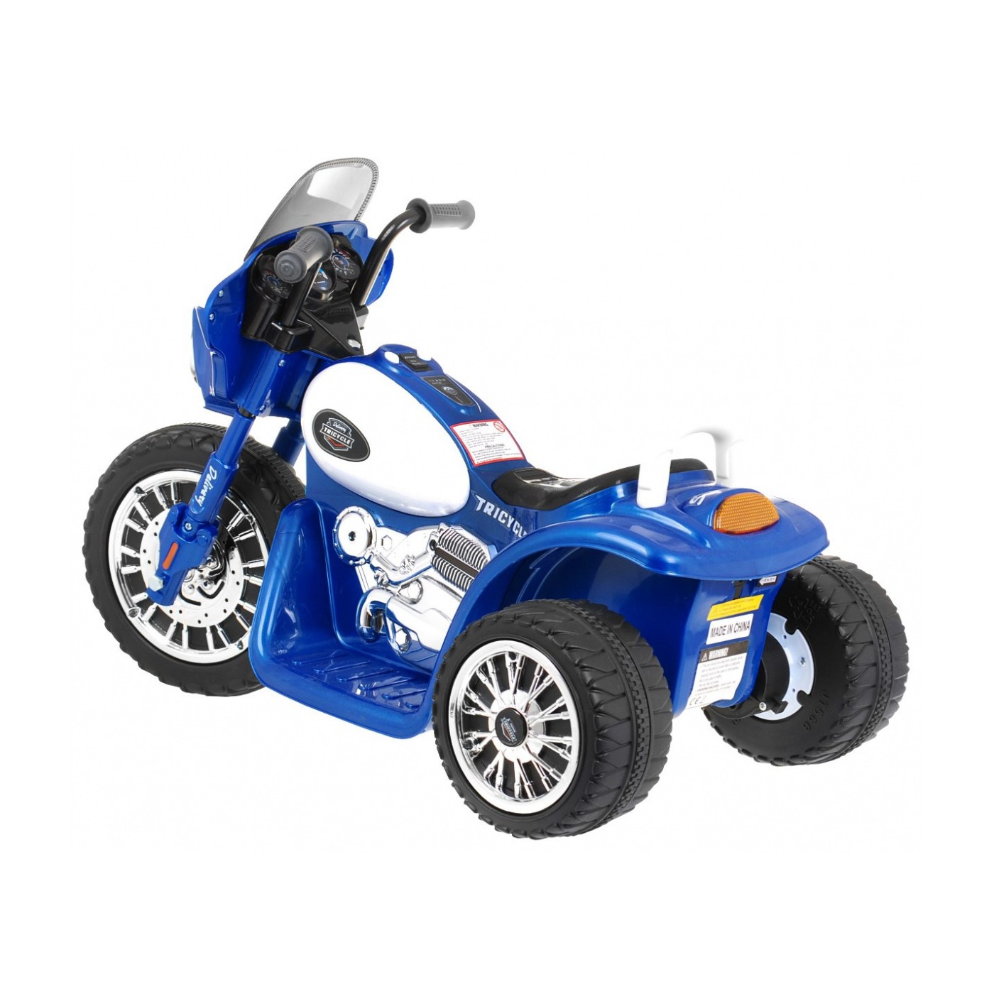 Dětský akumulátorový chopper motocykl modrý + 3 kola + zvukové LED světlo