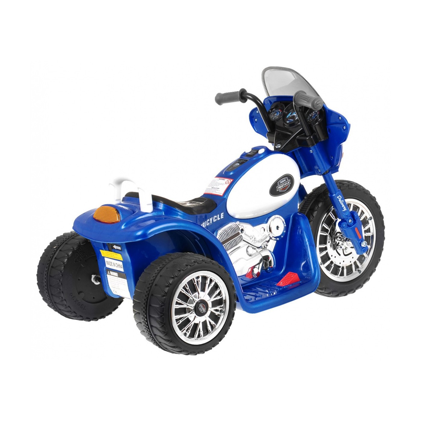Dětský akumulátorový chopper motocykl modrý + 3 kola + zvukové LED světlo