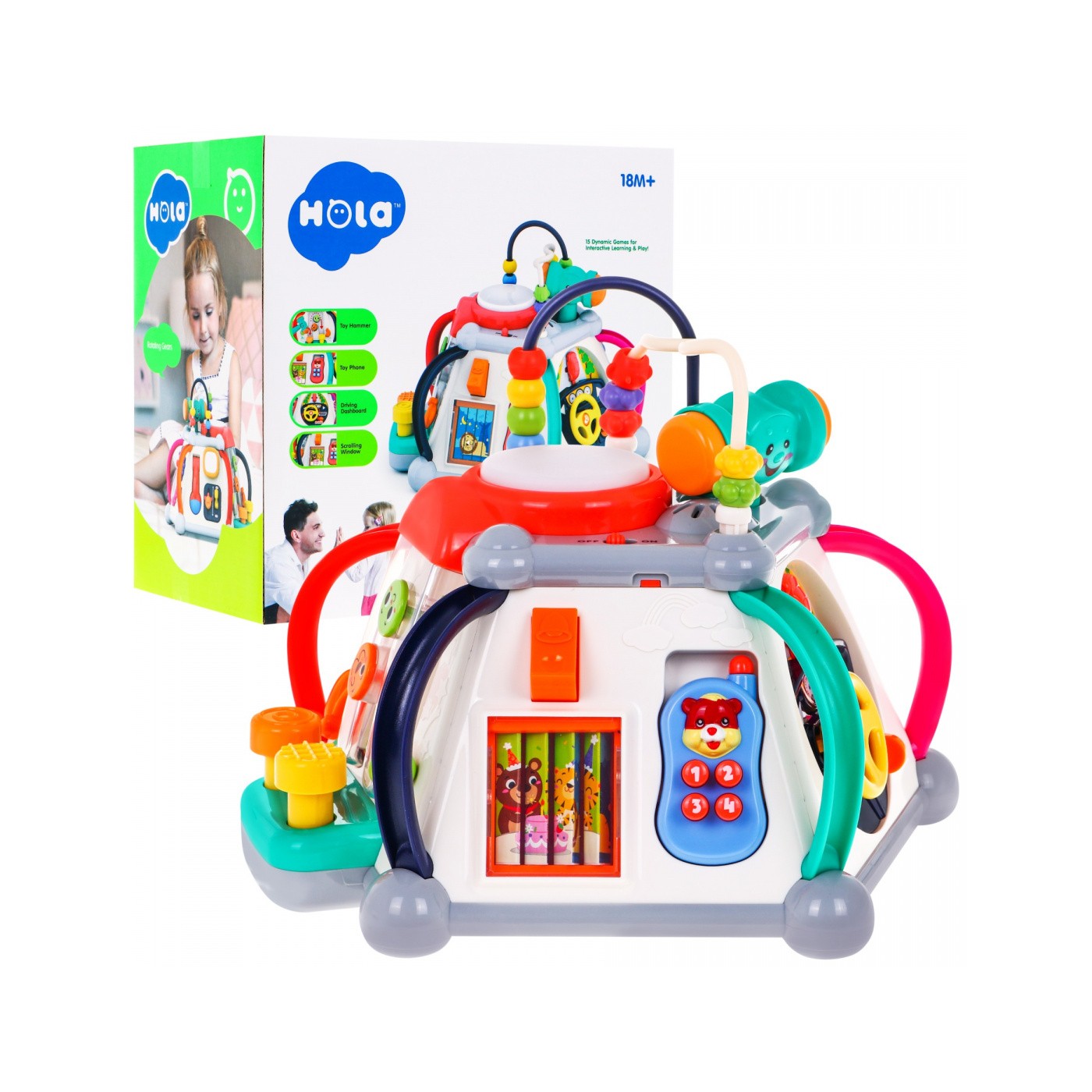 Sensory Multi-Cube pro děti 18m+ interaktivní funkce + 20 miniher + mikrofon Bebenek volant prokládá akvárium