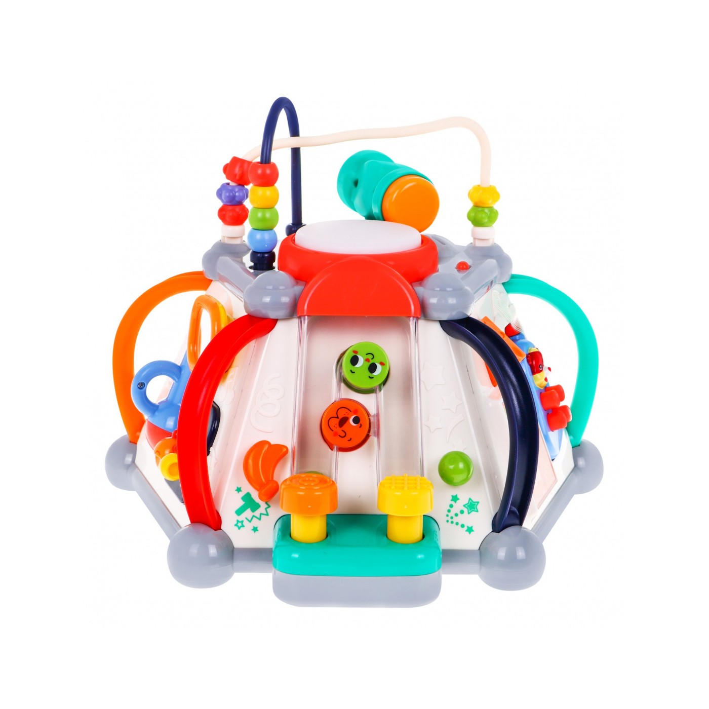 Sensory Multi-Cube pro děti 18m+ interaktivní funkce + 20 miniher + mikrofon Bebenek volant prokládá akvárium