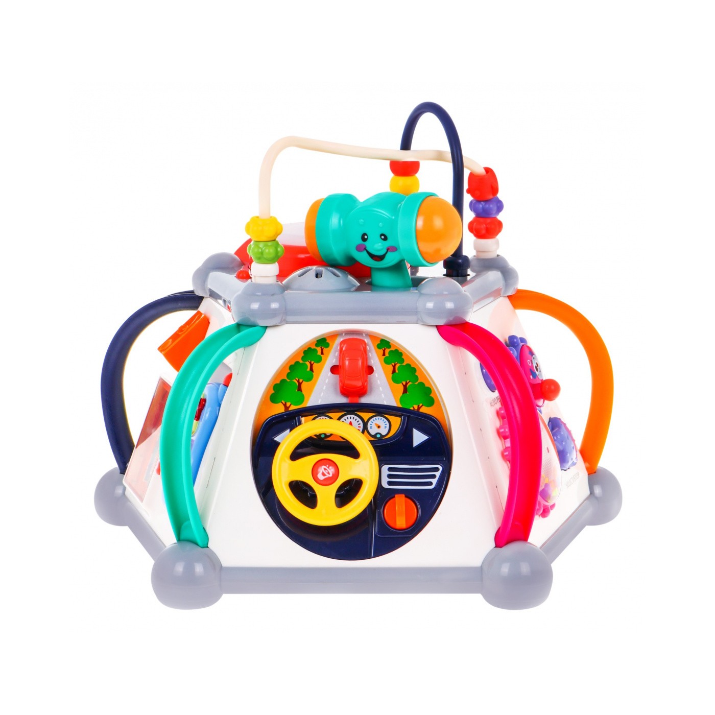 Sensory Multi-Cube pro děti 18m+ interaktivní funkce + 20 miniher + mikrofon Bebenek volant prokládá akvárium
