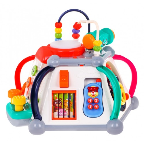 Sensory Multi-Cube pro děti 18m+ interaktivní funkce + 20 miniher + mikrofon Bebenek volant prokládá akvárium
