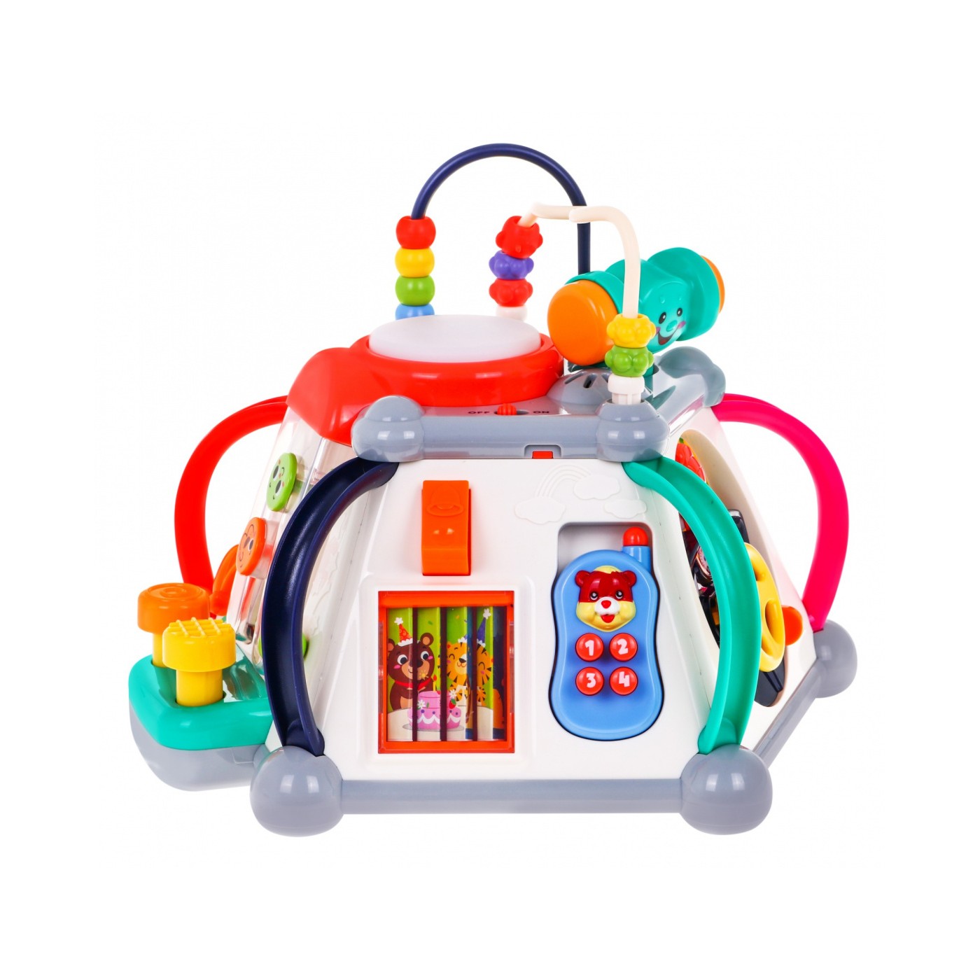 Sensory Multi-Cube pro děti 18m+ interaktivní funkce + 20 miniher + mikrofon Bebenek volant prokládá akvárium
