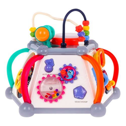 Sensory Multi-Cube pro děti 18m+ interaktivní funkce + 20 miniher + mikrofon Bebenek volant prokládá akvárium