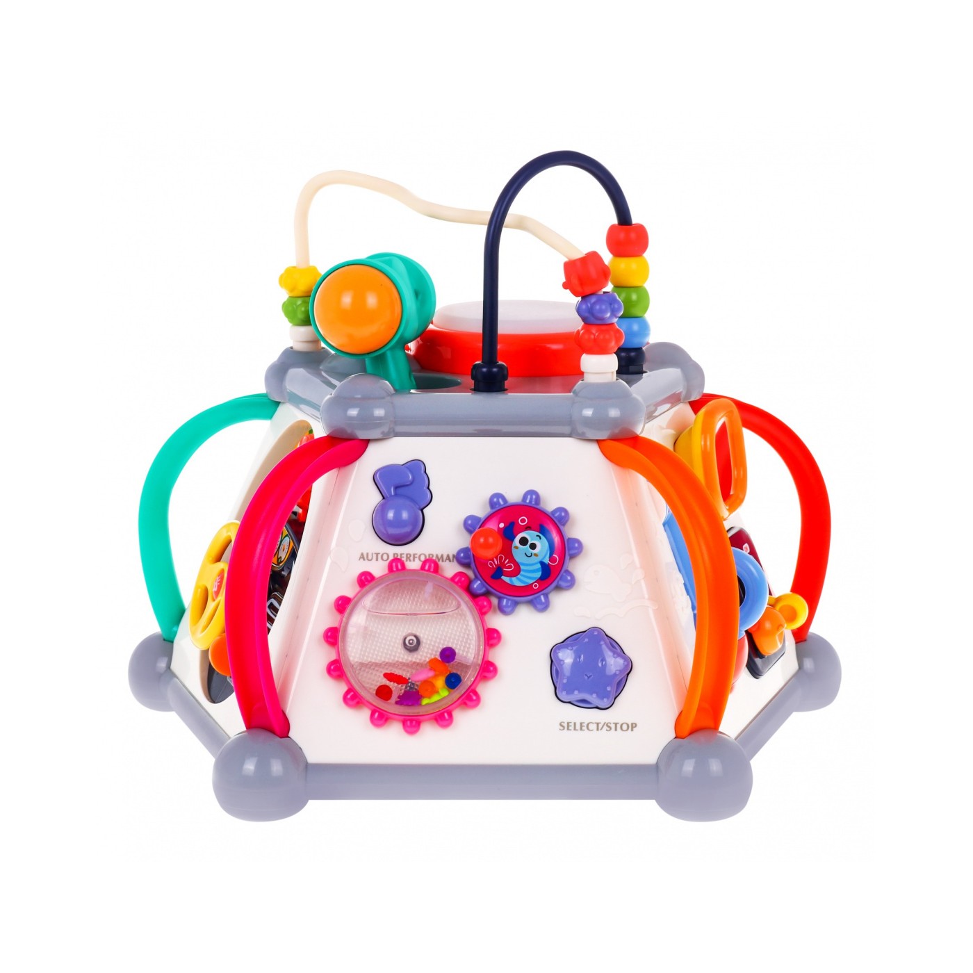 Sensory Multi-Cube pro děti 18m+ interaktivní funkce + 20 miniher + mikrofon Bebenek volant prokládá akvárium