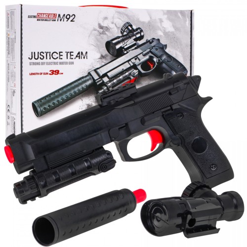 Dětská doplňková zbraň 6+ imitace M92 + Tlumič + Zaměřovač + Kuličky s hydrogelem
