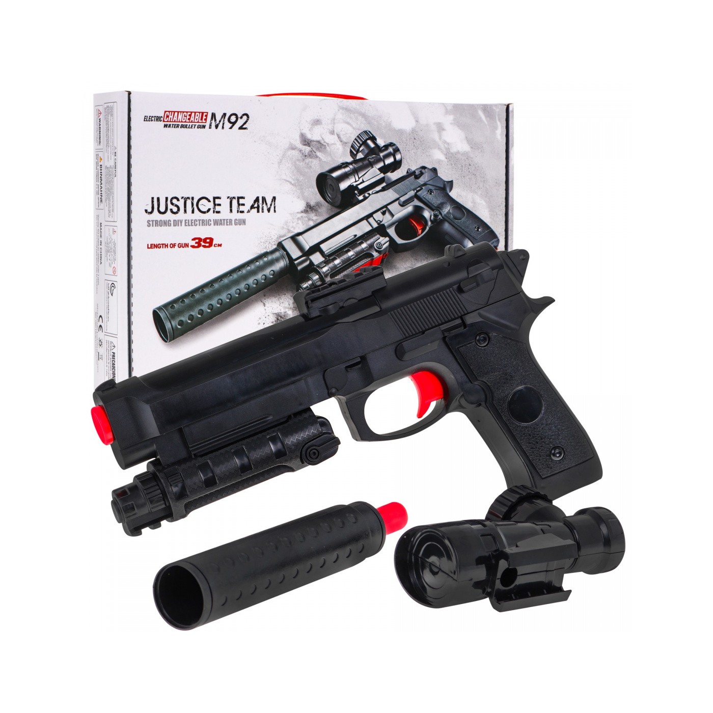 Dětská doplňková zbraň 6+ imitace M92 + Tlumič + Zaměřovač + Kuličky s hydrogelem