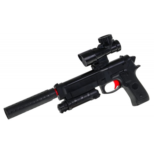 Dětská doplňková zbraň 6+ imitace M92 + Tlumič + Zaměřovač + Kuličky s hydrogelem