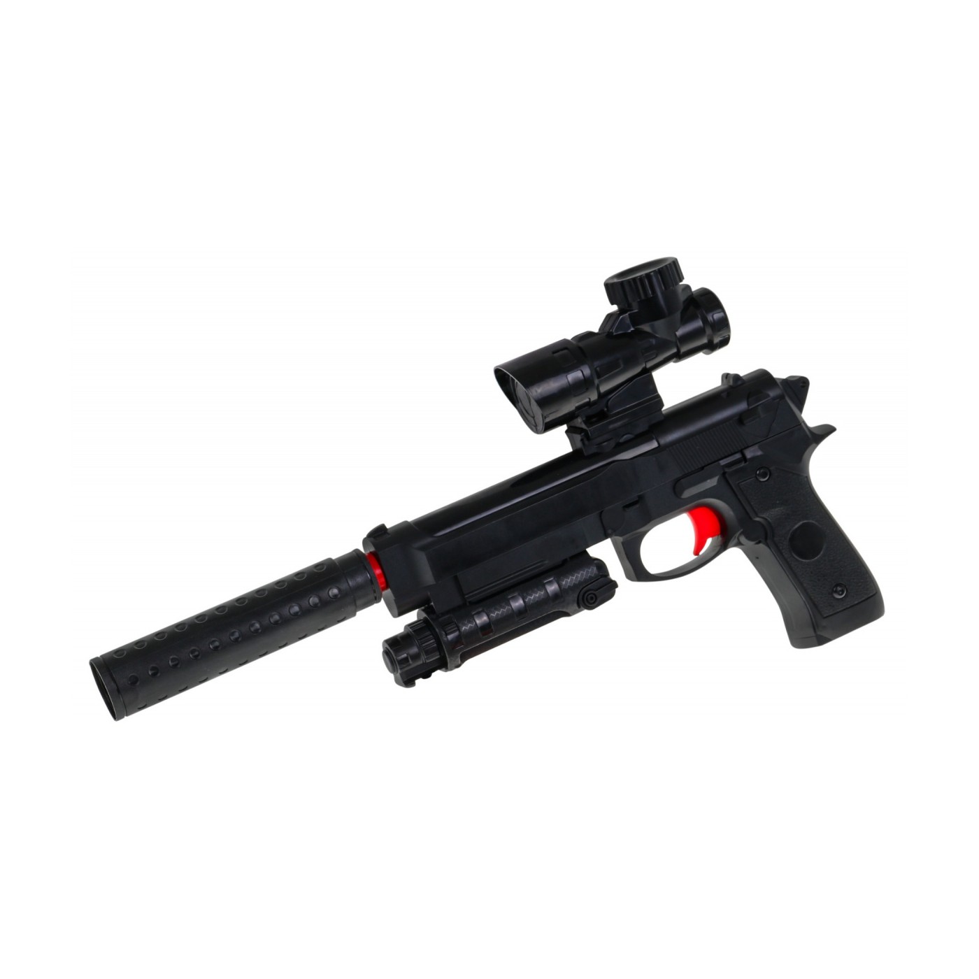 Dětská doplňková zbraň 6+ imitace M92 + Tlumič + Zaměřovač + Kuličky s hydrogelem