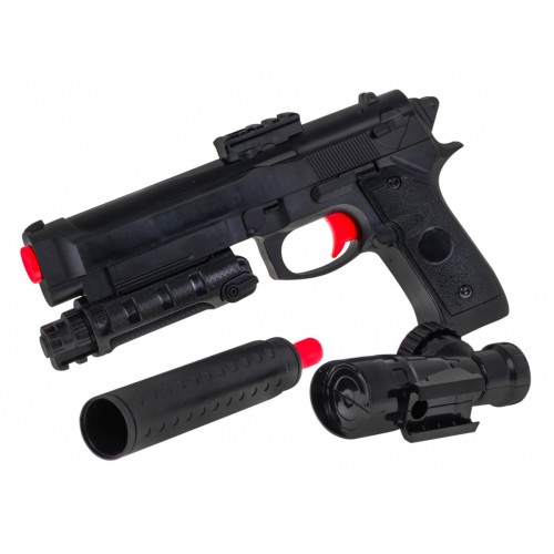 Dětská doplňková zbraň 6+ imitace M92 + Tlumič + Zaměřovač + Kuličky s hydrogelem