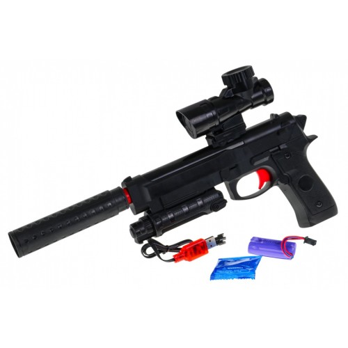 Dětská doplňková zbraň 6+ imitace M92 + Tlumič + Zaměřovač + Kuličky s hydrogelem