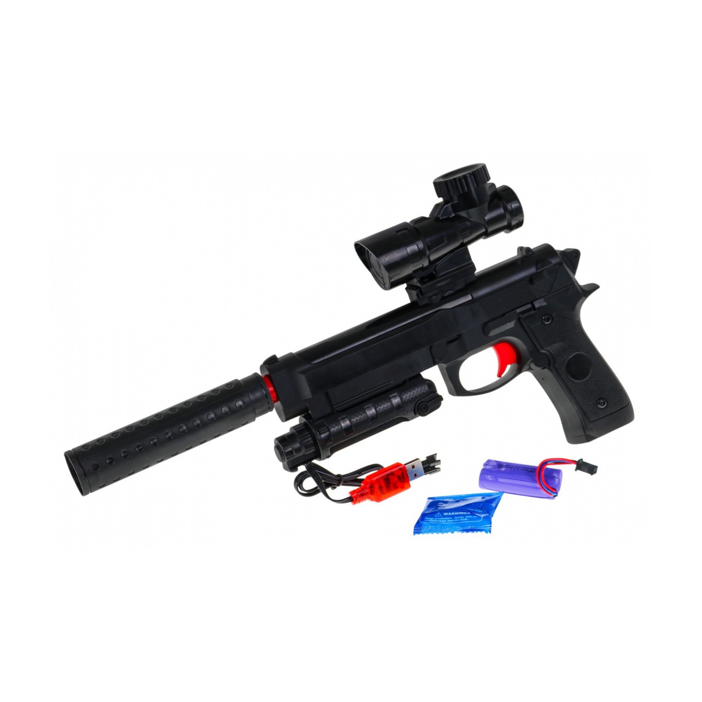 Dětská doplňková zbraň 6+ imitace M92 + Tlumič + Zaměřovač + Kuličky s hydrogelem