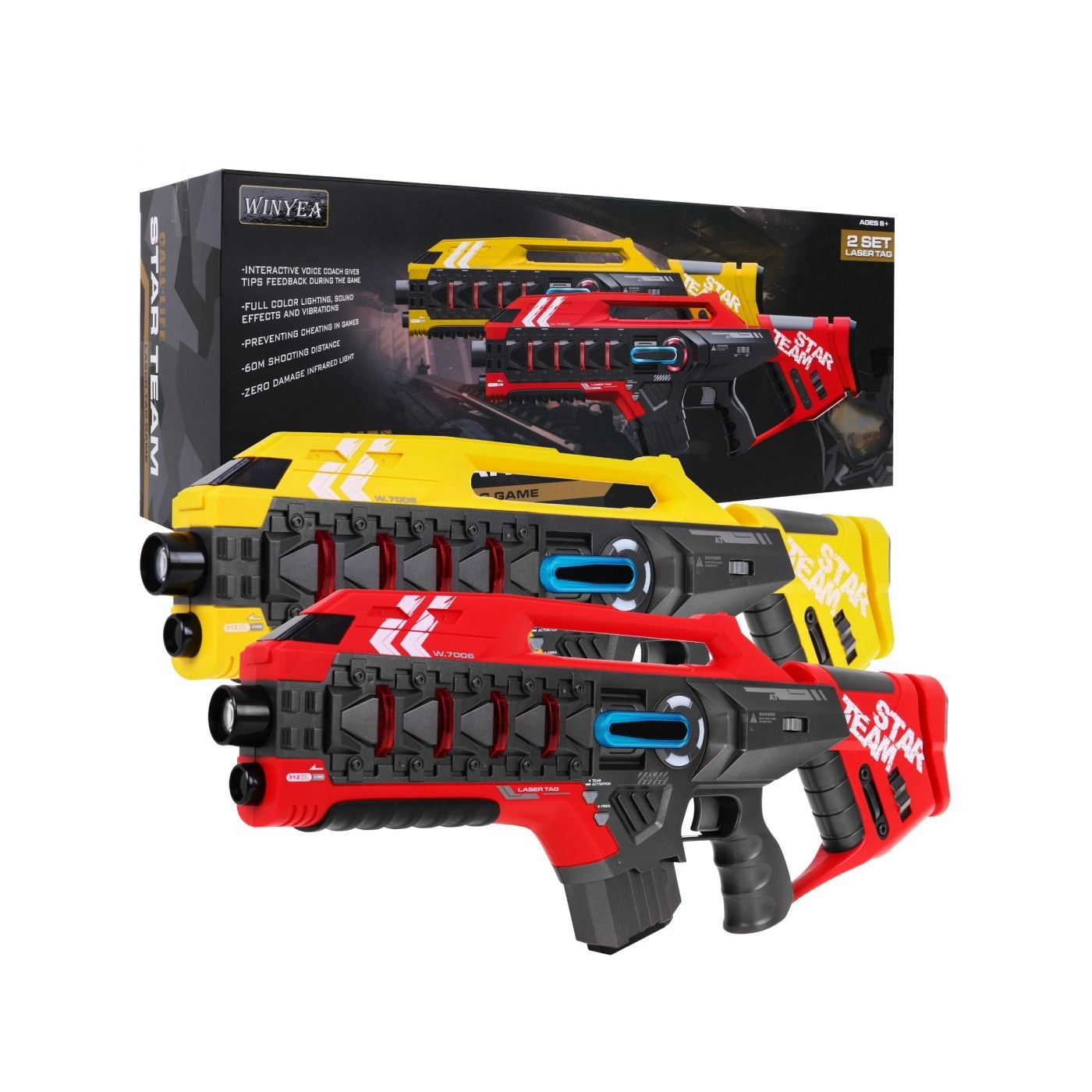 Sada 2 laserových zbraní pro děti 8+ Laser Tag červená Yellow 4 týmy + 4 typy zbraní
