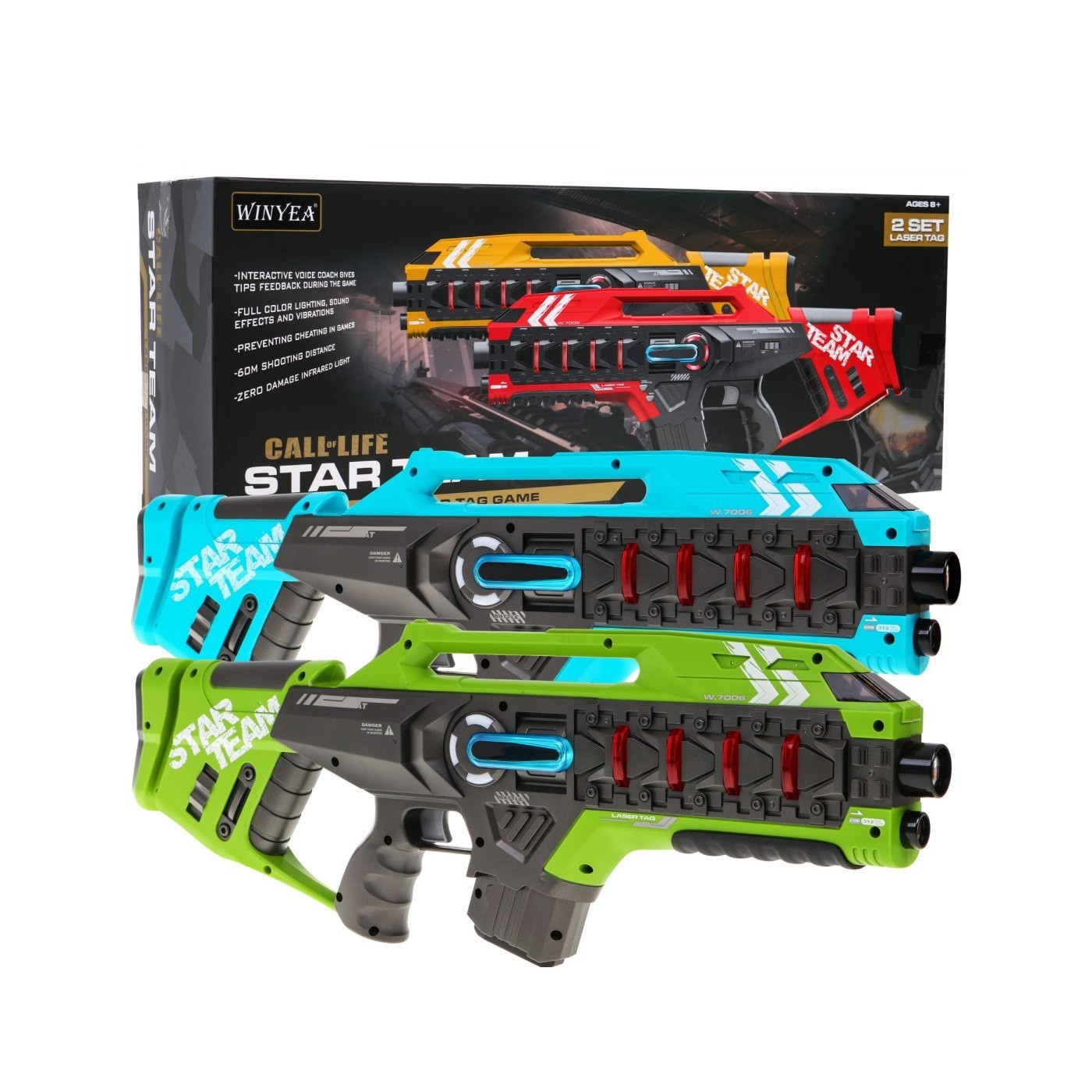 Sada 2 laserových zbraní pro děti 8+ Laser Tag Blue zelená 4 týmy + 4 typy zbraní