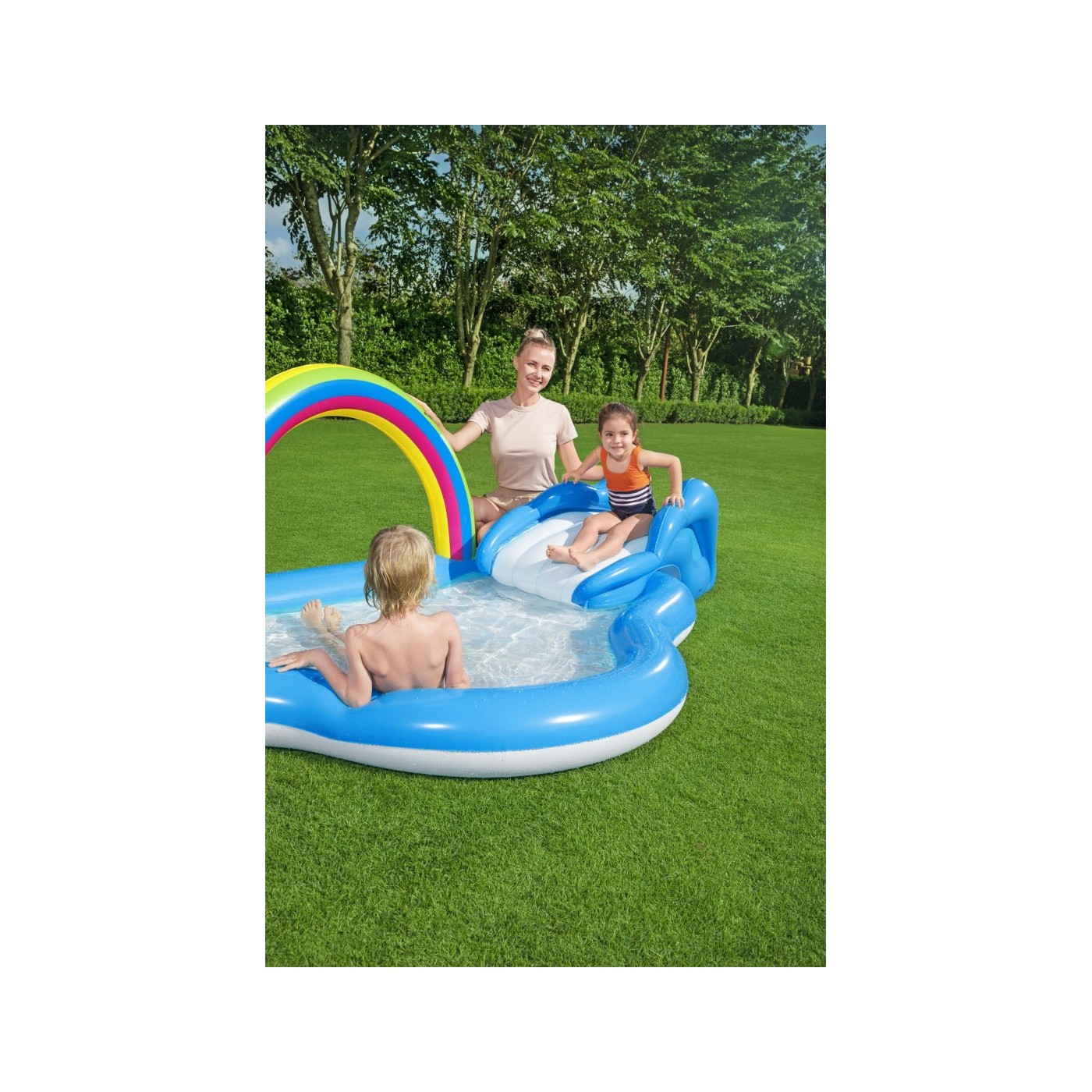 Nafukovací zahradní hřiště Sunny Rainbow 257x145x91cm BESTWAY + skluzavka