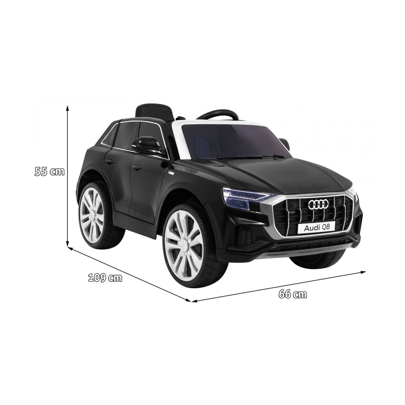 Dětský zvedák baterií Audi Q8 černý + dálkové ovládání + EVA + pomalý start + MP3 USB + LED