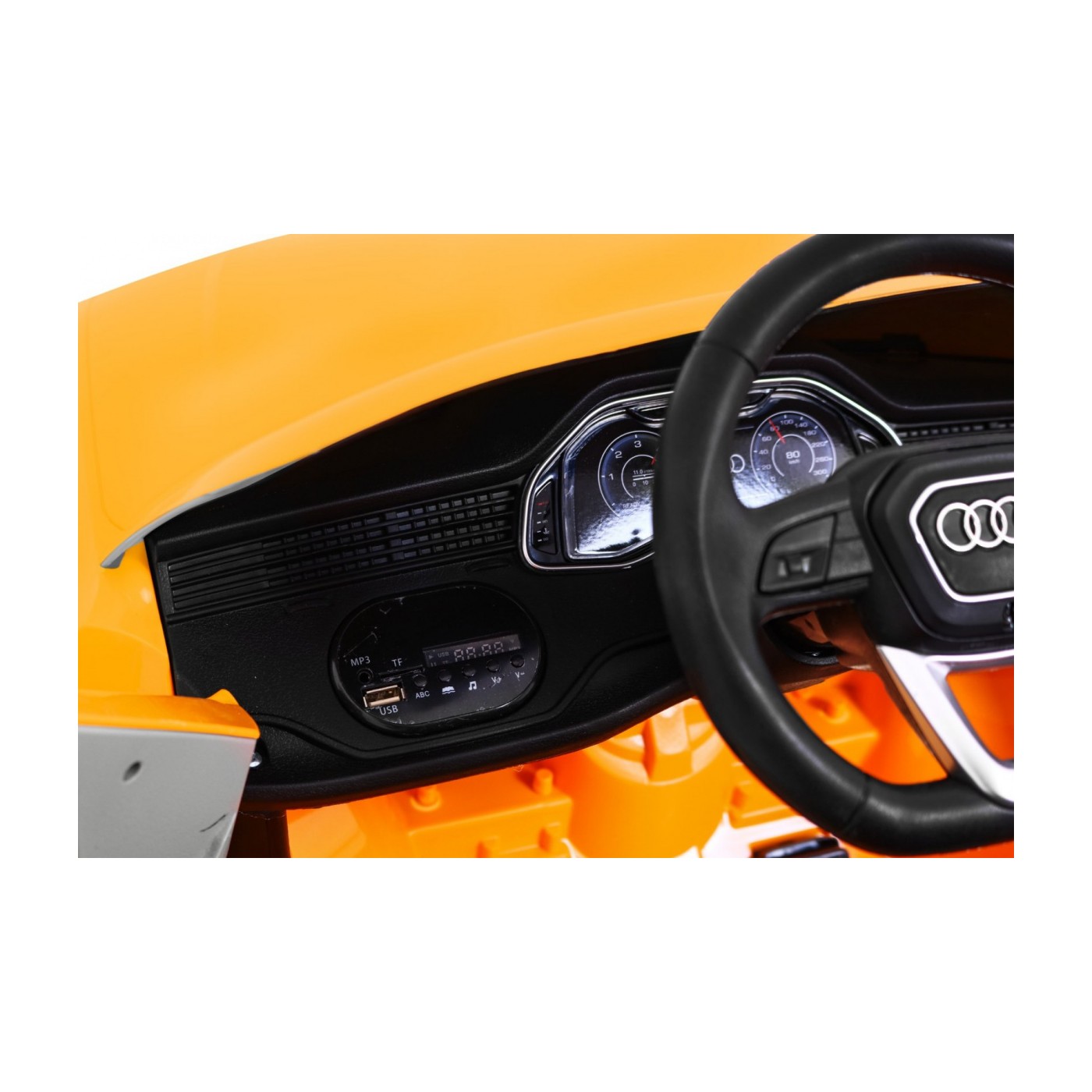Audi Q8 Zvedák na dětskou baterii žlutý + Dálkové ovládání + EVA + Pomalý Start + MP3 USB + LED