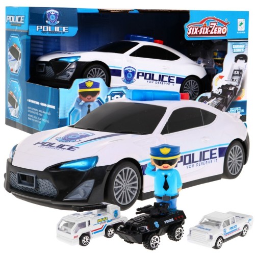 Policejní vůz 2v1 pro děti 3+ Úložný prostor pro pružiny + 3 Auta + Světla Zvuky