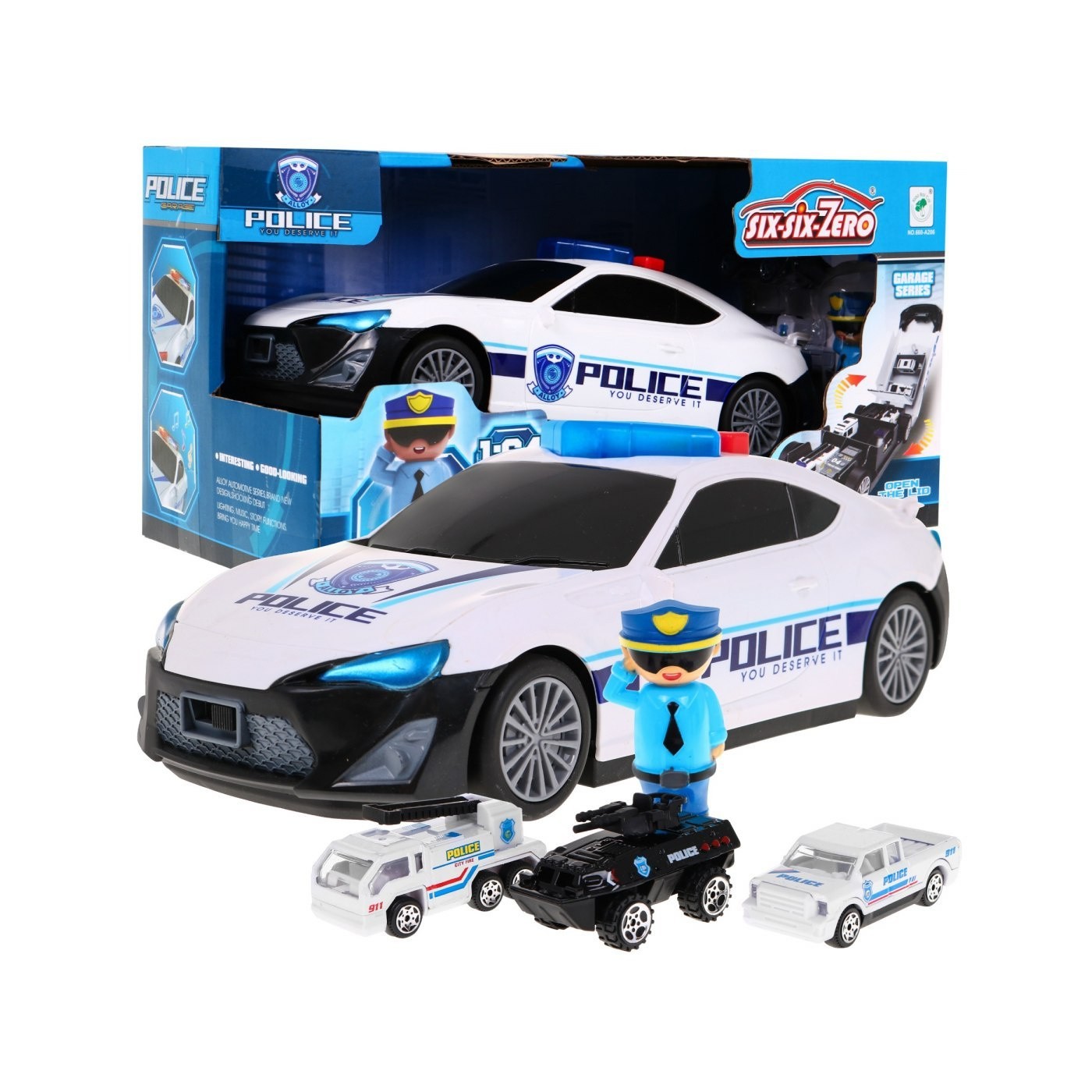 Policejní vůz 2v1 pro děti 3+ Úložný prostor pro pružiny + 3 Auta + Světla Zvuky