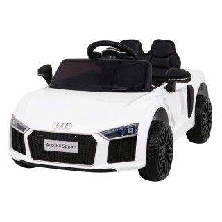 Dětská baterie Audi R8 bílá + dálkové ovládání + EVA + pomalý start + MP3 LED