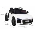 Dětská baterie Audi R8 bílá + dálkové ovládání + EVA + pomalý start + MP3 LED